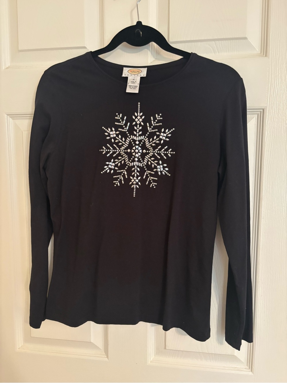 Talbots Black Long-Sleeve Tee with White Snowflake Embellishment